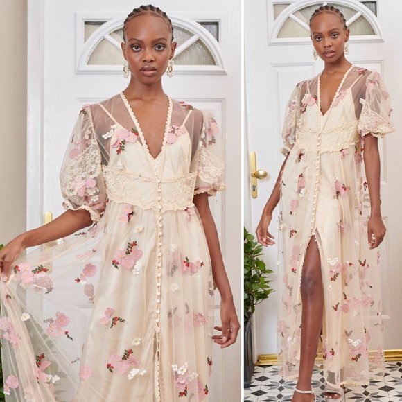 Sister Jane Dresses & Skirts - NWT DREAM Sister Jane Sheer Puff Sleeve Floral Embroidered & Lace Maxi Dress - S